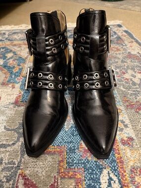 Steve Madden Women's Black Heeled Ankle Boots with Back Zip and Buckle Detail